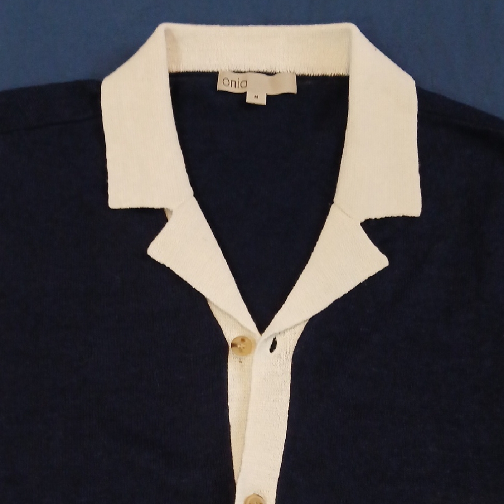 Onia Men's Dark Blue and Cream Button Down Shirt
